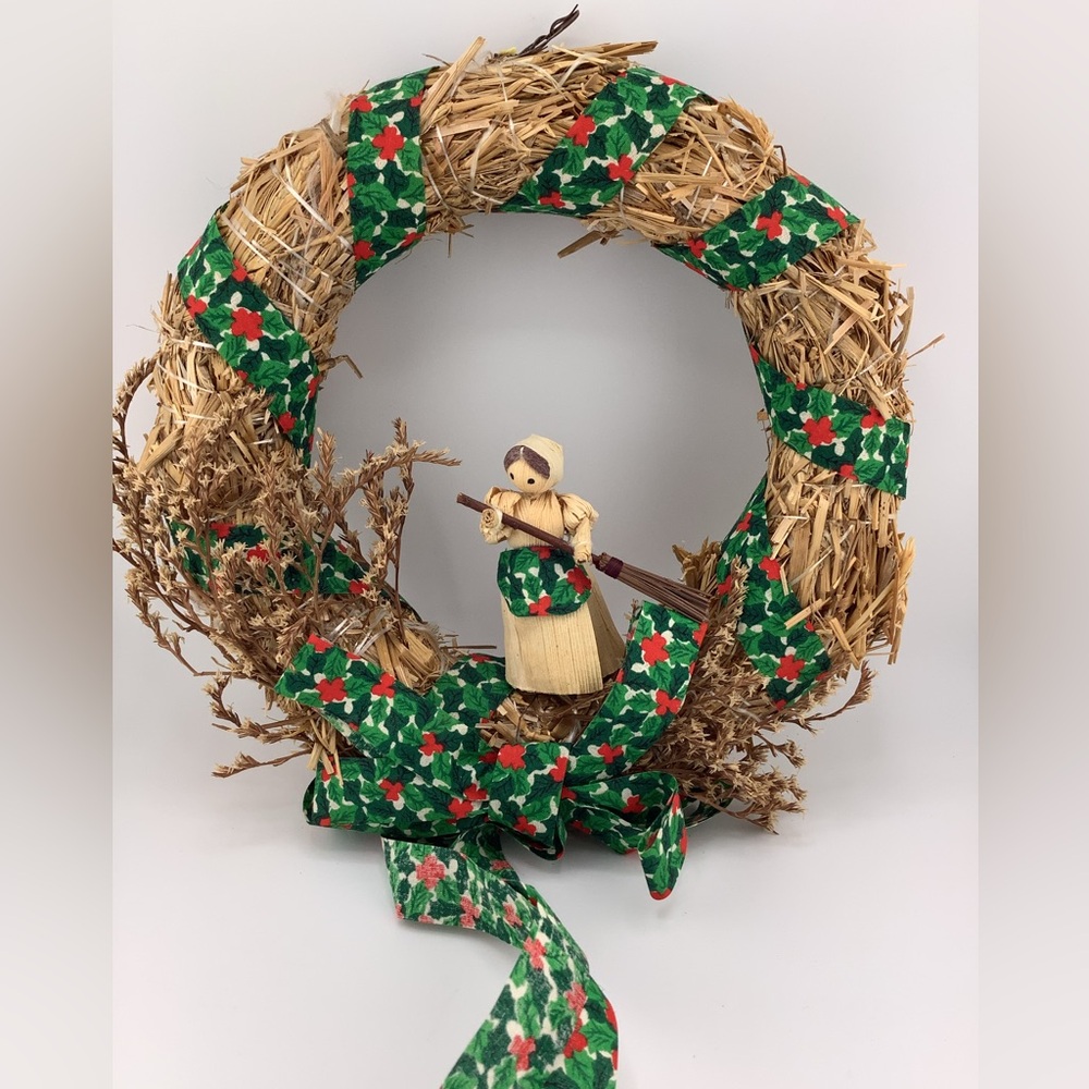 Vintage 10” Christmas Straw Wreath with Holly and Berry Ribbon